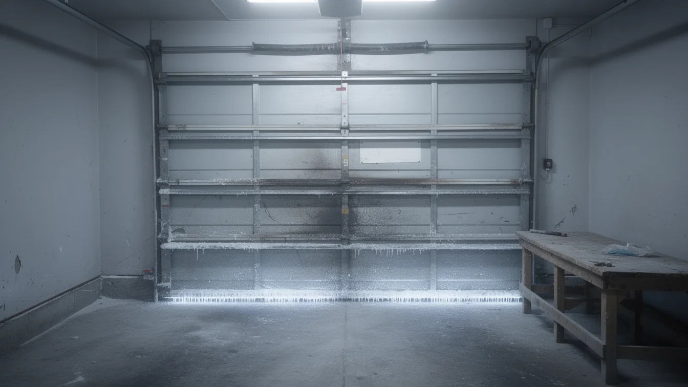 A dirty garage door with icicles and a workbench inside a garage.