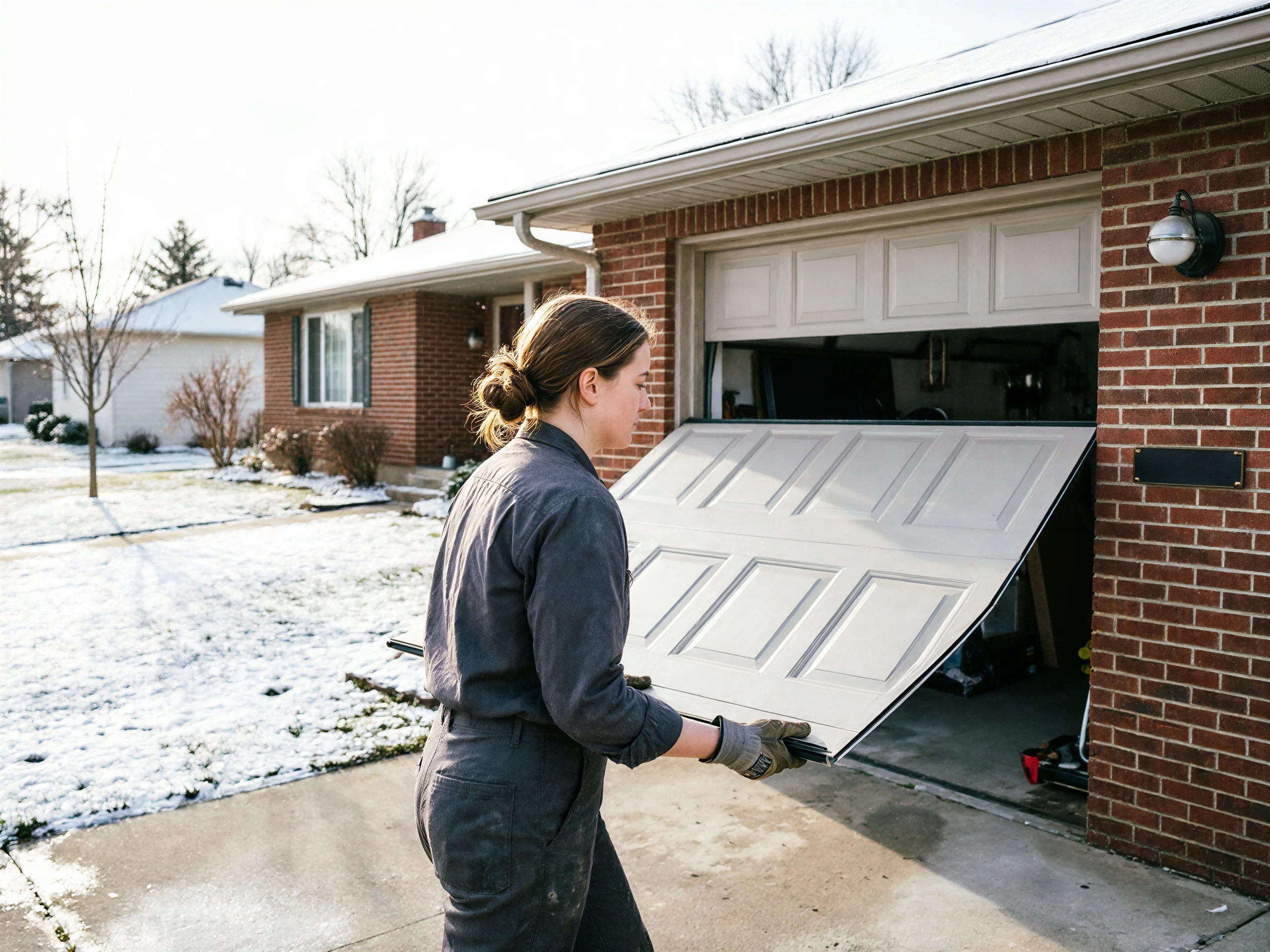 A technician in gray overalls carries a white garage door panel on a snowy day.